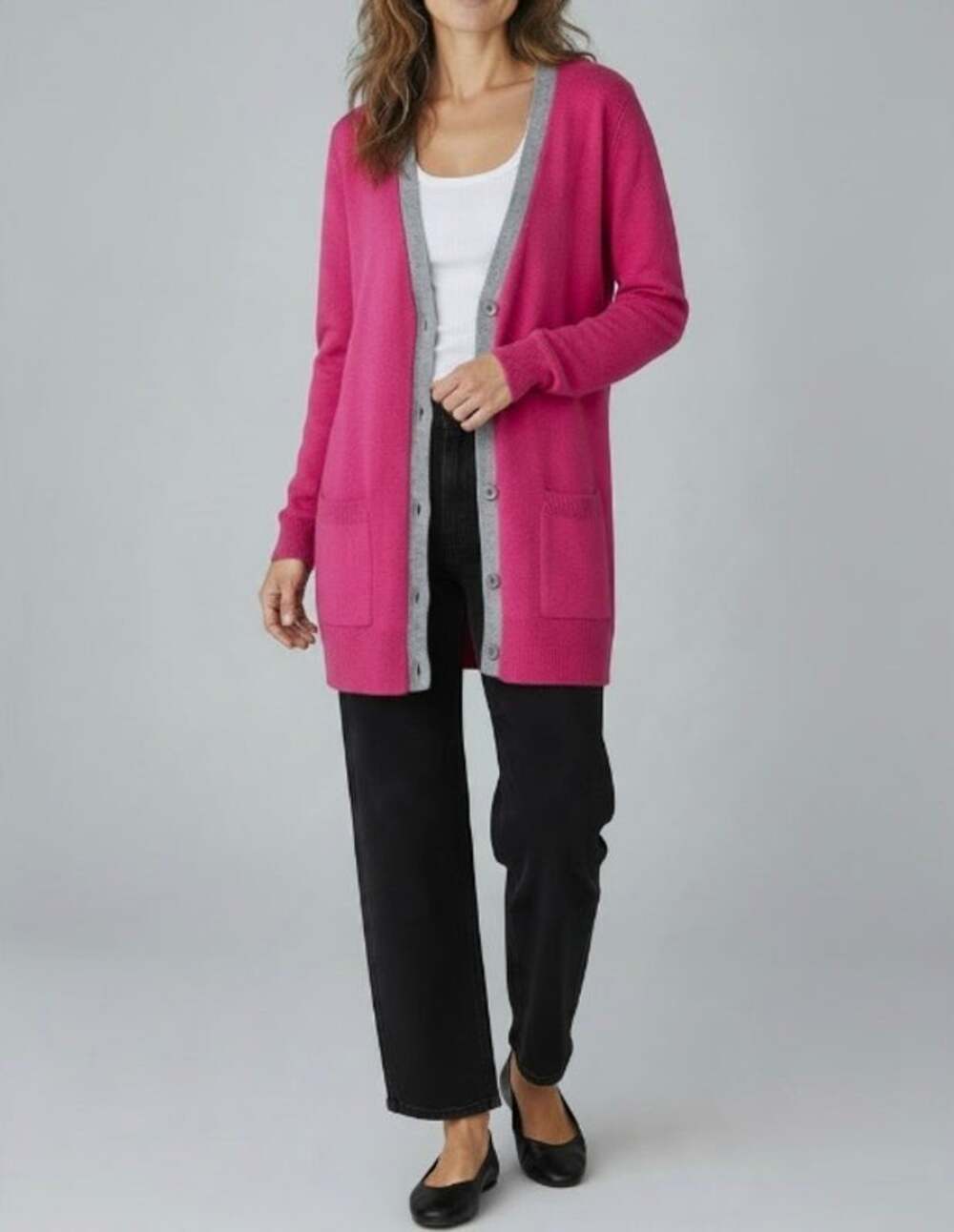 Lord & Taylor Sz S Cashmere Button-up Cardigan V-neck Hip Length Hot Pink Grey